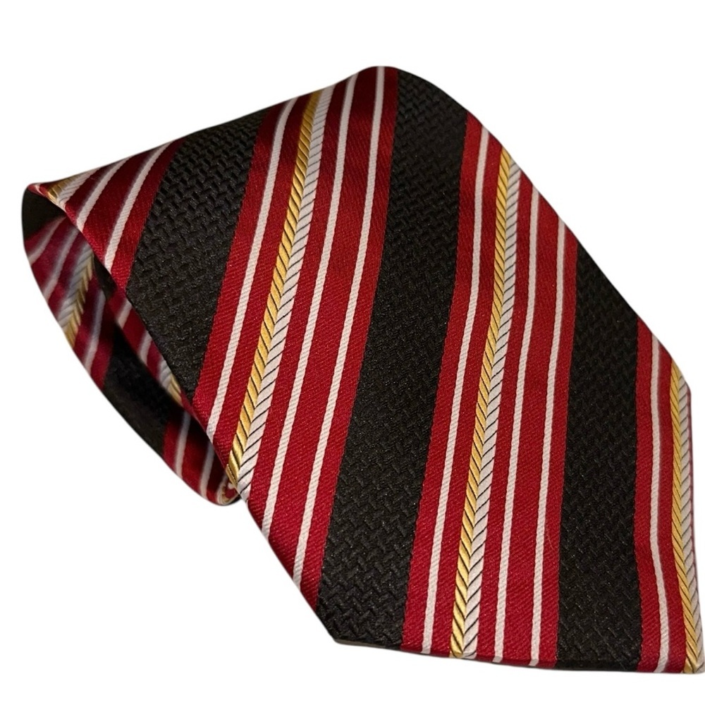 Vtg Kai Long Mens Tie Handmade 100% Silk Red & Black Striped Necktie 58x3.75” - Picture 2 of 5